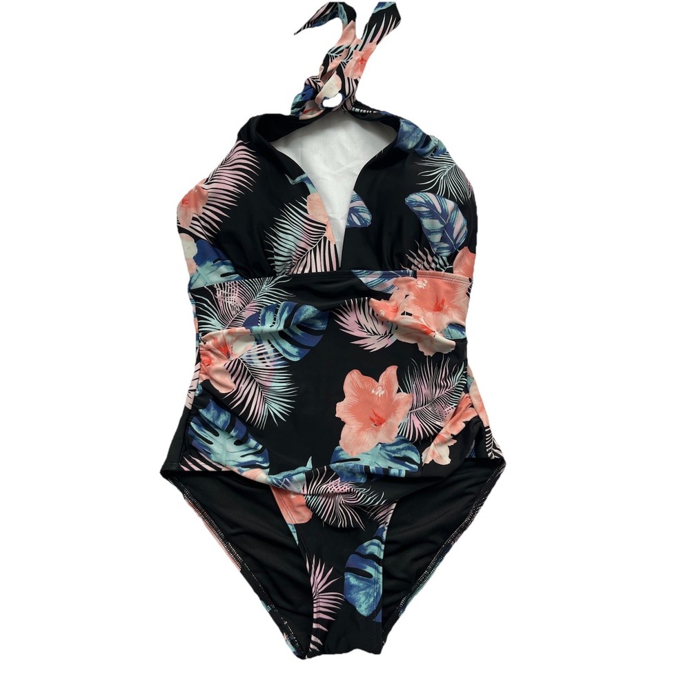 DKNY One Piece Tummy Control Halter Shirred Swimsuit M Tropical Black